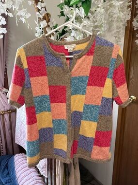 Christopher & Banks Vintage Multicolor Checker Knit Short-Sleeve Cardigan